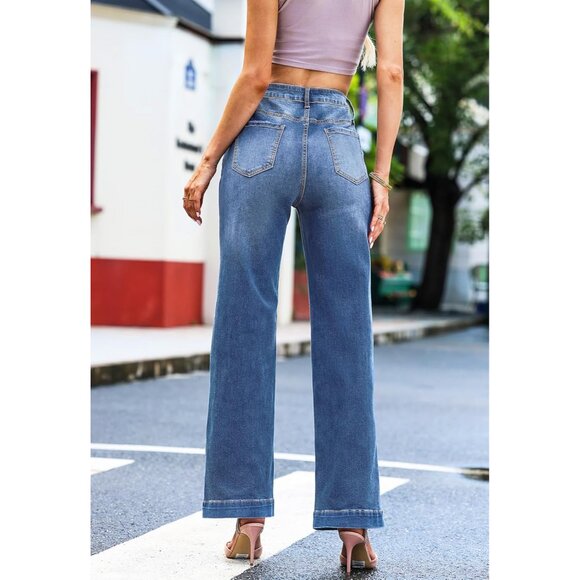 Plus Size Wide Leg Jeans Women Stretchy Baggy Distressed Denim Casual - Picture 5 of 5